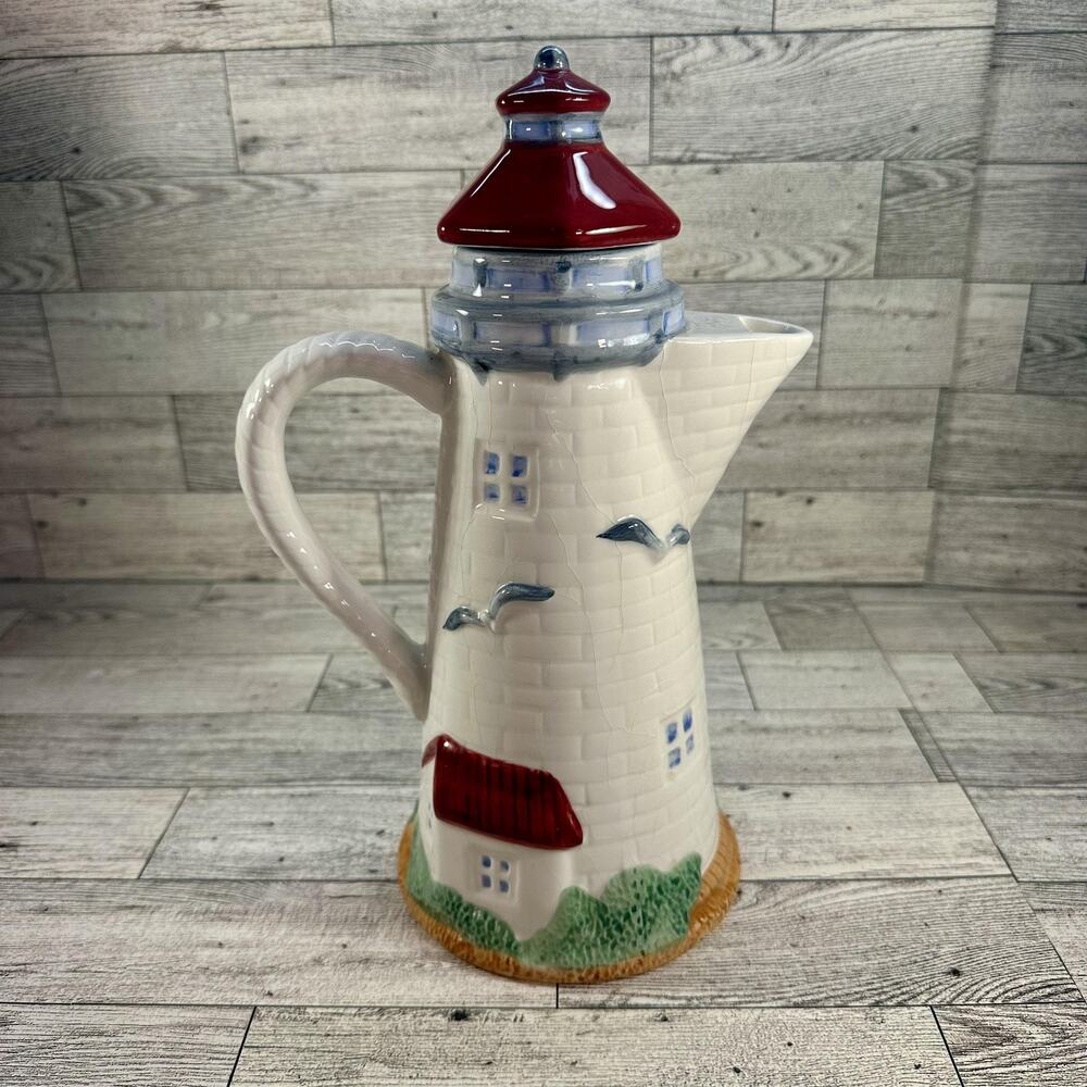 Flowers Inc Balloons Lighthouse Pitcher Ceramic Hand Painted Nautical Decor 13 - Picture 3 of 11